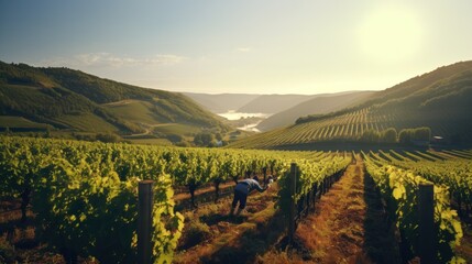 Vineyards: Rolling vineyard hills with rows of grapevines bearing clusters of ripe grapes. A winery...