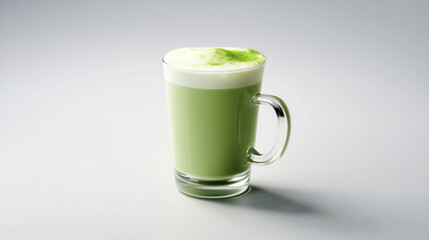 Frothy green matcha drink in a clear mug.