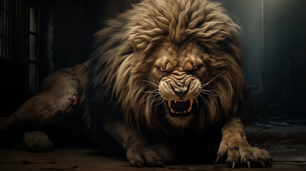 Fierce lion growling in dim light.
