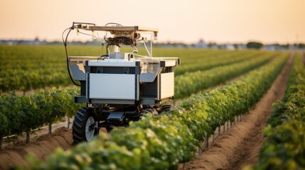 Automated machinery, including robotic harvesters and self - driving tractors, Smart Irrigation: A robotic harvester picking ripe fruits from an orchard. - obrazy, fototapety, plakaty