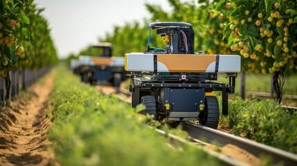 Automated machinery, including robotic harvesters and self - driving tractors, Smart Irrigation: A robotic harvester picking ripe fruits from an orchard.