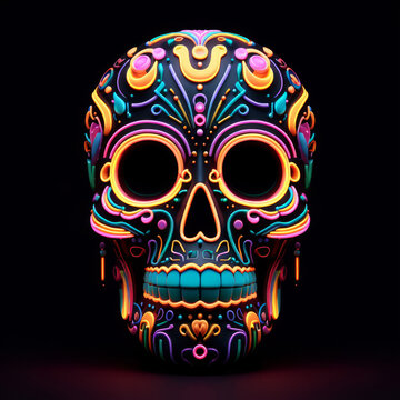 Colorful sugar skull with floral ornament on black background.