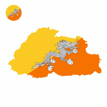 Vector set of Buthan high detailed map flag and national flag round badge isolated on white background.