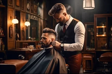  Elegant stylish men’s hair salon and barber shop - hairdresser cuts hair of customer © Jaroslav Machacek
