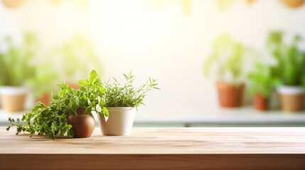 Green herbs in flower pots on wooden table - detail from modern home kitchen
