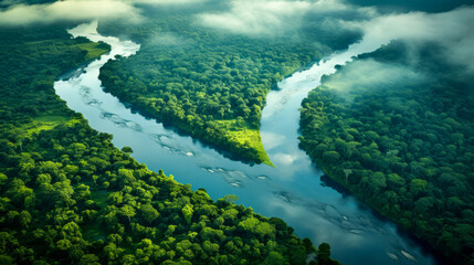 Aerial view of rainforest and confluence of two rivers
