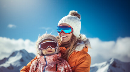 Mom and child in winter mountains with ski goggles on their faces - obrazy, fototapety, plakaty