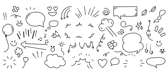 Doodle line cute element set. Arrow, heart, star, etc.