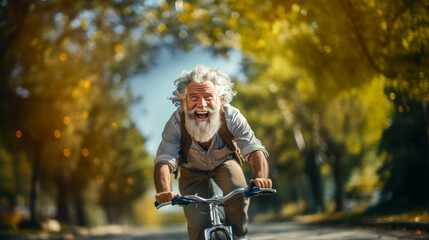 Laughing senior citizen rides bicycle through avenue of fallen trees in autumn