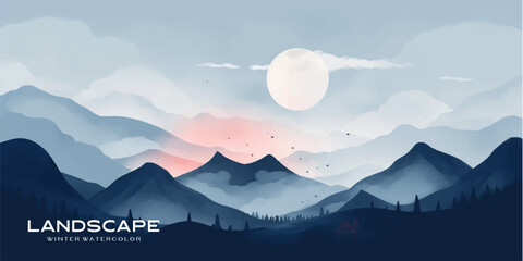 Natural blue mountain landscape. Abstract contemporary aesthetic backgrounds landscapes. with mountains, hill and red moon. vector illustrations - obrazy, fototapety, plakaty