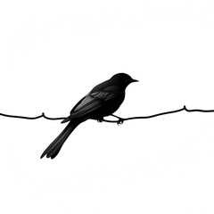 Black bird on a wire isolated on a white background  - obrazy, fototapety, plakaty