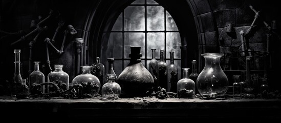 Spooky castle with black magic objects in a black and white Halloween photo - obrazy, fototapety, plakaty