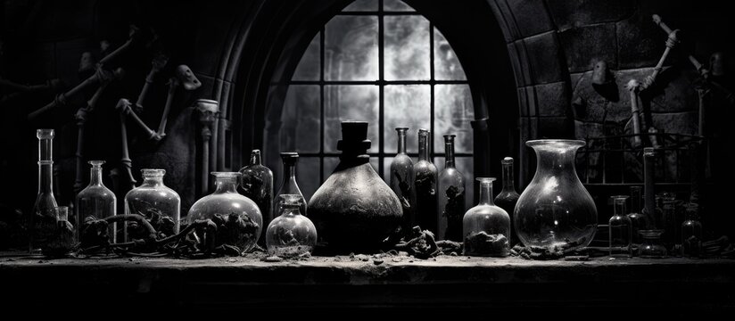 Spooky castle with black magic objects in a black and white Halloween photo
