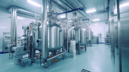 Naklejka na ściany i meble Equipment mixing tank on production line in pharmacy industry manufacture factory. Pharmaceutical plant.