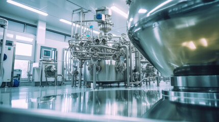 Equipment mixing tank on production line in pharmacy industry manufacture factory. Pharmaceutical plant.