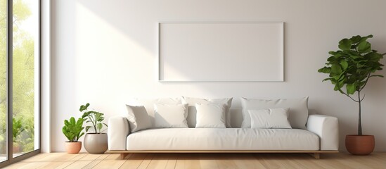Modern Nordic living room with white sofa wooden floor large framed wall art and scenic view design - obrazy, fototapety, plakaty