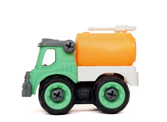 side view of DIY plastic towing truck toy isolated on white background