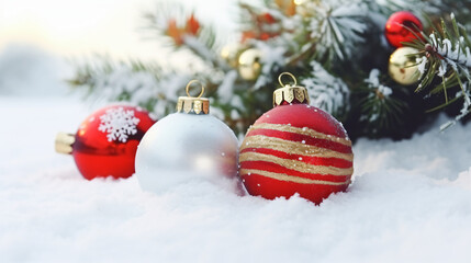 Naklejka na ściany i meble Beautiful christmas decorations on snow