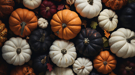 Obraz na płótnie Canvas Overhead Flat Lay of Several White Pumpkins Interspersed with Multi-Colored Fall Gourds - Thanksgiving and Fall Holiday Concept in Muted Autumnal Color Tones