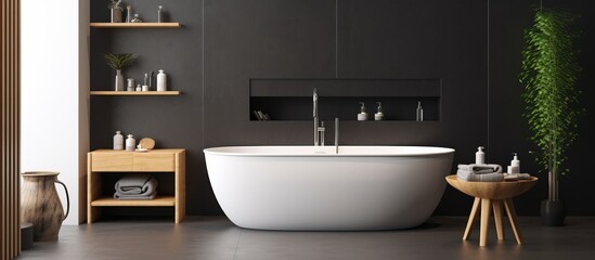Fototapeta na wymiar mock up of Scandinavian style luxury bathroom with black tile walls white floor wooden bathtub shelf and panoramic window