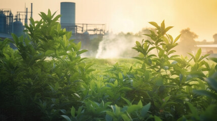 Green tree growing environmental problem alert with Chemical plant smoke background.