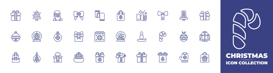 Christmas line icon collection. Editable stroke. Vector illustration. Containing gift, christmas bag, christmas bell, christmas day, christmas candy, gift box, christmas tree, rating, jingle bell.