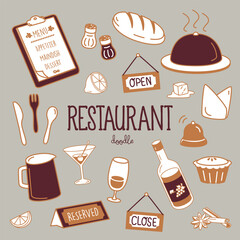 Doodle of restaurant items. Hand drawing vector illustration of restaurant.