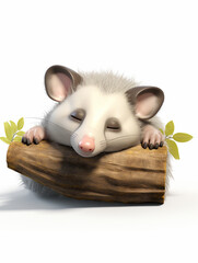 A 3D Cartoon Opossum Sleeping Peacefully on a Solid Background