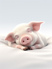 A 3D Cartoon Pig Sleeping Peacefully on a Solid Background