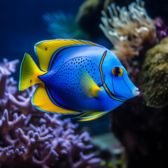 Close up of a Blue Tang fish in an aquarium 
