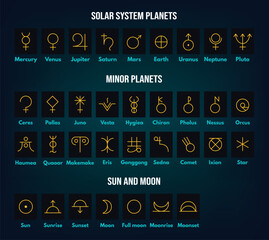 Planetary symbols. Astronomical solar system and minor planets, sun and moon signs. Simple alchemy vector outline icons set - obrazy, fototapety, plakaty