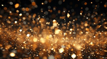 gold particles abstract background with shining golden Floating Dust Particles Flare Bokeh star on Black Background. Futuristic glittering in space
