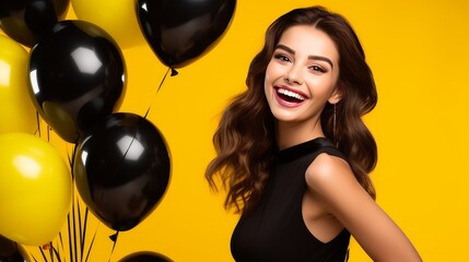 Happy, laughing young girl on a holiday, on a yellow background among yellow and black balloons on the day of the Black Friday sale.