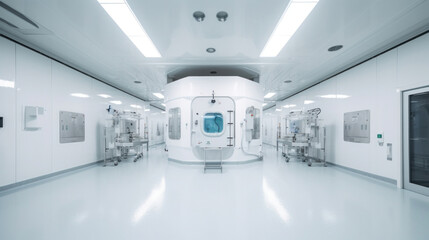 Interior of Pharmaceautical clean room, industrial design for large scale chemical production in controlled sterile conditions.