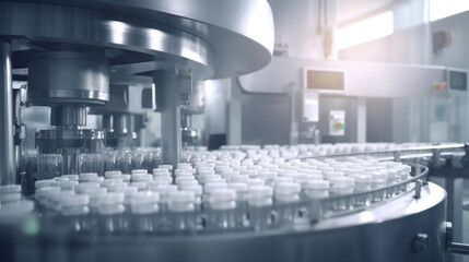 Jar filling with tablets on a packaging line in a pharmaceutical factory.