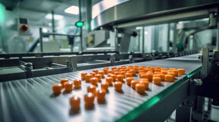 Jar filling with tablets on a packaging line in a pharmaceutical factory. - obrazy, fototapety, plakaty