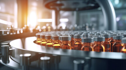 Obraz premium Jar filling with tablets on a packaging line in a pharmaceutical factory.