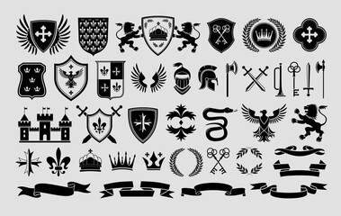 Stencil heraldic emblem templates. Traditional snake, lion and eagle symbols. Medieval weapons, shields and royal castle labels vector set - obrazy, fototapety, plakaty
