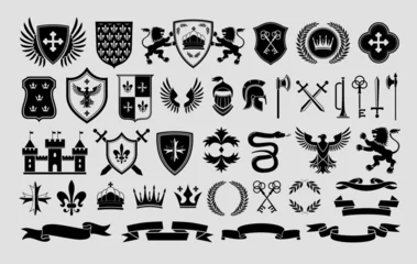 Fotobehang Stencil heraldic emblem templates. Traditional snake, lion and eagle symbols. Medieval weapons, shields and royal castle labels vector set © WinWin