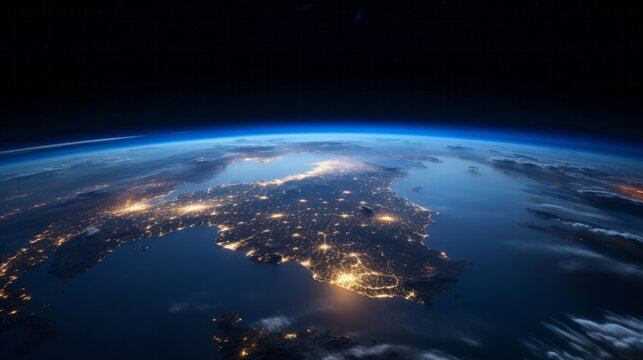 Planet Earth in dark outer space. Civilization. Wide horizontally image