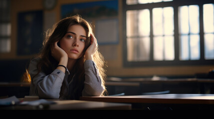 Education And Learning Concept. Portrait of tired and bored student sitting at desk in classroom at school, dreaming and thinking, looking away at window, resting head on hand. Female teenager