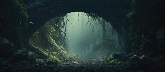 Enchanted fairy forest archway misty dark background