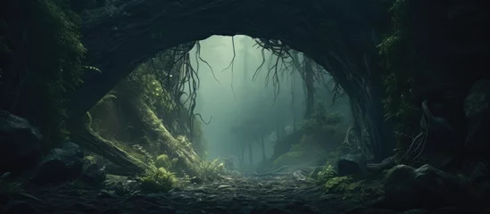 Gordijnen Enchanted fairy forest archway misty dark background © AkuAku