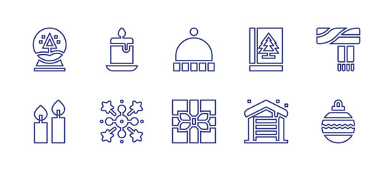 Christmas line icon set. Editable stroke. Vector illustration. Containing scarf, book, candle, bauble, garage, fireworks, beanie, gift, snow ball, candles.