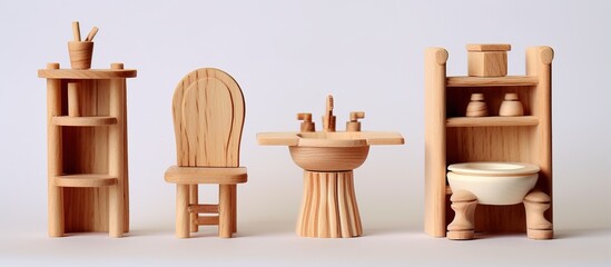 Miniature wooden bathroom furniture on white background Dollhouse bathroom and toilet