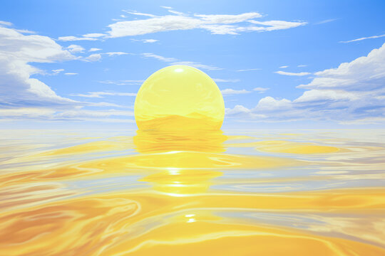 Yellow sphere floating in the sea on a background of blue sky with clouds
