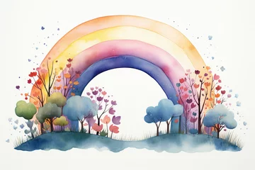 Foto op Canvas Naive watercolor painting of a rainbow and clouds. © Inge
