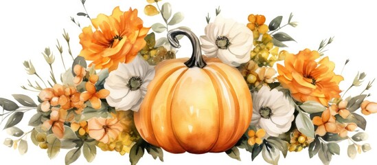 Illustration clipart of a watercolor pumpkin bouquet in a flower pot