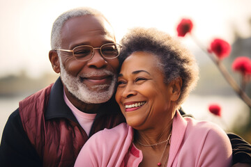 Obraz premium Senior black couple hugging in a nursing home. A happy senior couple standing next to a window in a nursing home, hugging and smiling