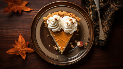 Closeup of a Fresh Baked Pumpkin Pie Slice with a Dollop of Whipped Cream - Against a Dark Thanksgiving Themed Background - Fresh Autumnal and Fall Color Scheme